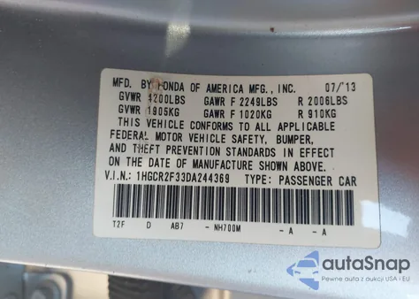 2013 Honda Accord Lx z USA, uszkodzony, nr VIN 1HGCR2F33DA244369